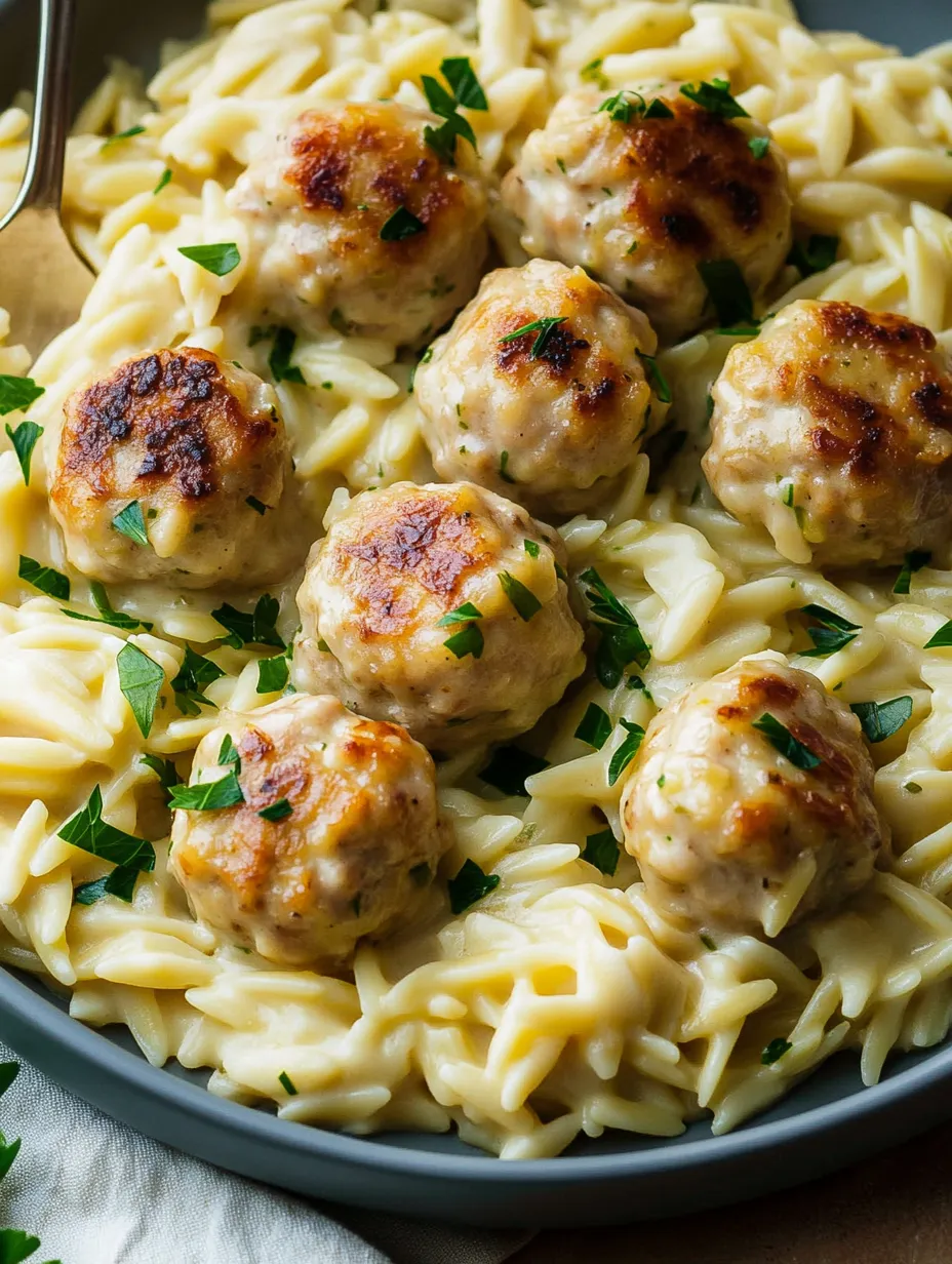 Ein Teller Pasta mit Fleischbällchen und Soße.