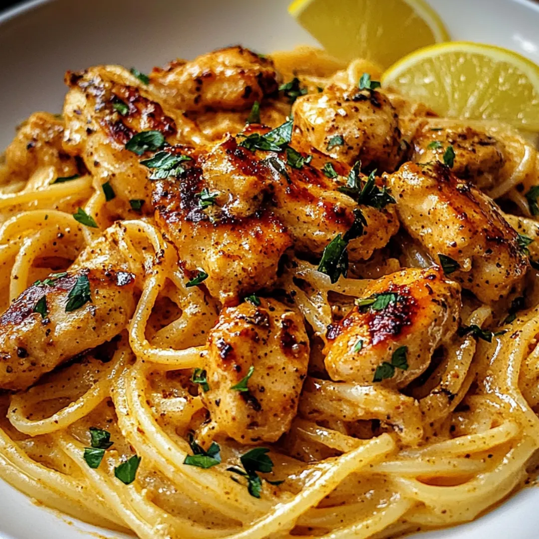 Hähnchenpasta in einer Schüssel, mit frischer Zitrone obendrauf.