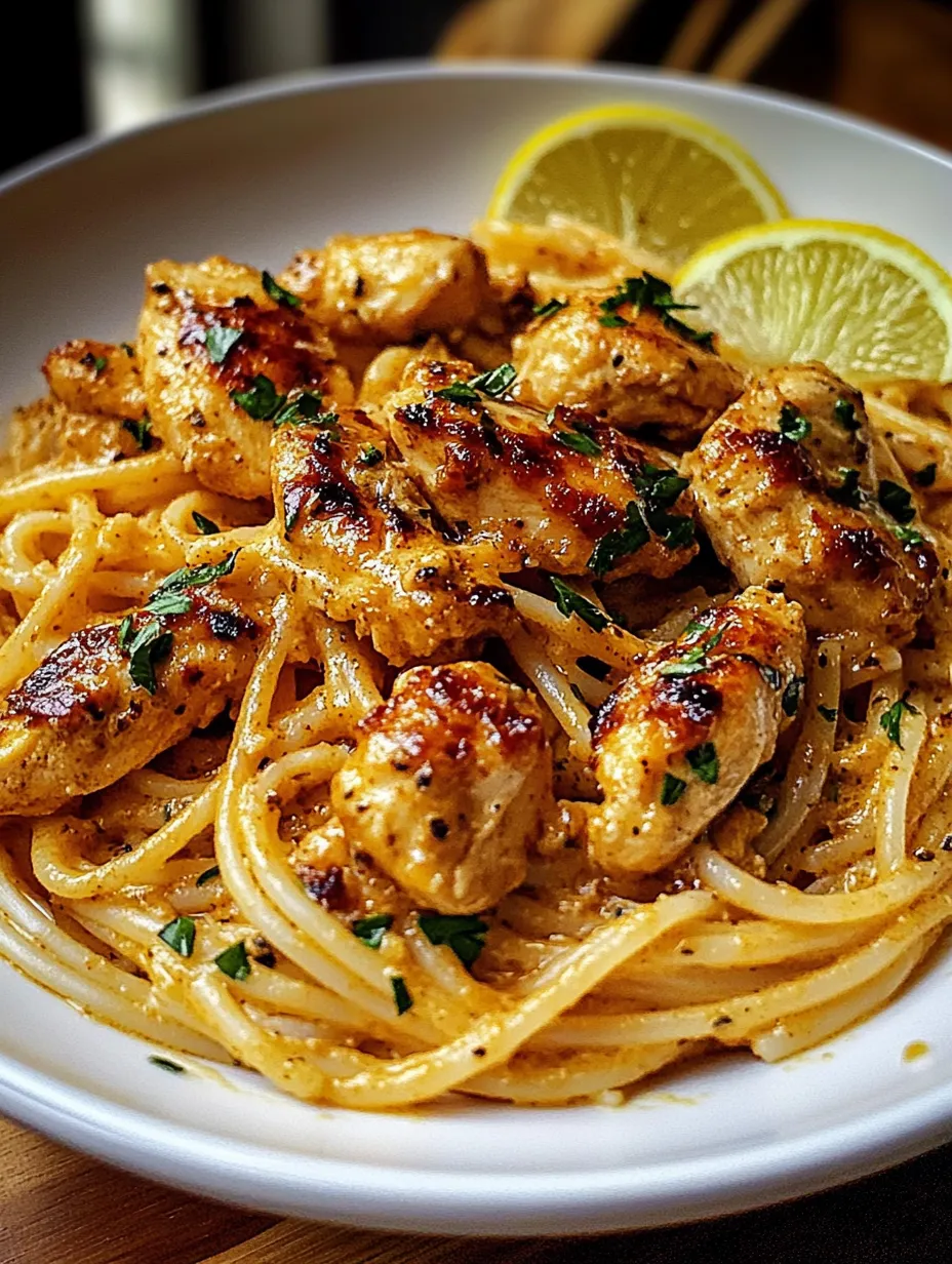 Eine Schüssel Pasta mit Hähnchen und Zitronenspalten.