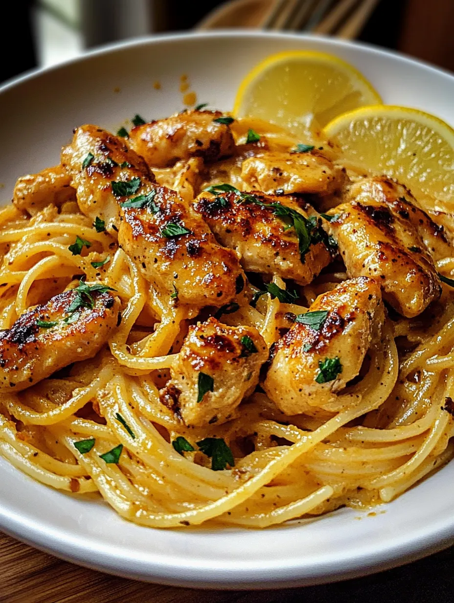 Schale Pasta mit Hähnchen und Zitrone.