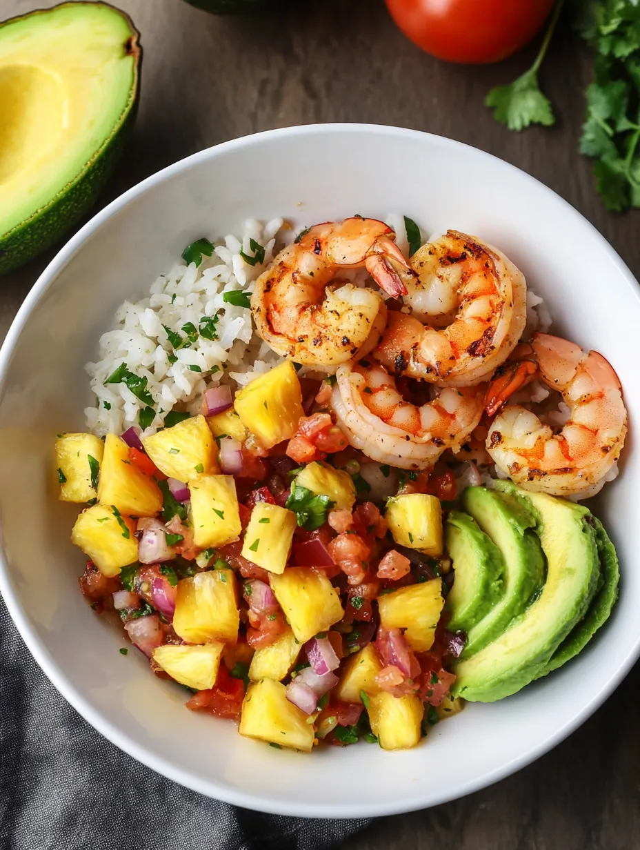 Einfache Garnelen & Reis Schüssel mit Ananas-Salsa