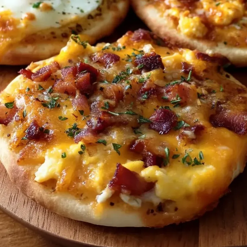 Ein Teller mit knusprigen Muffins, Käse und Speck.