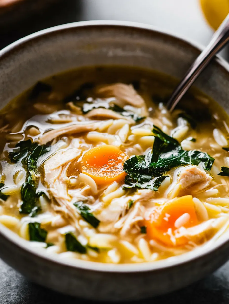 Eine Schüssel Suppe mit Huhn, Möhren und Grünzeug.