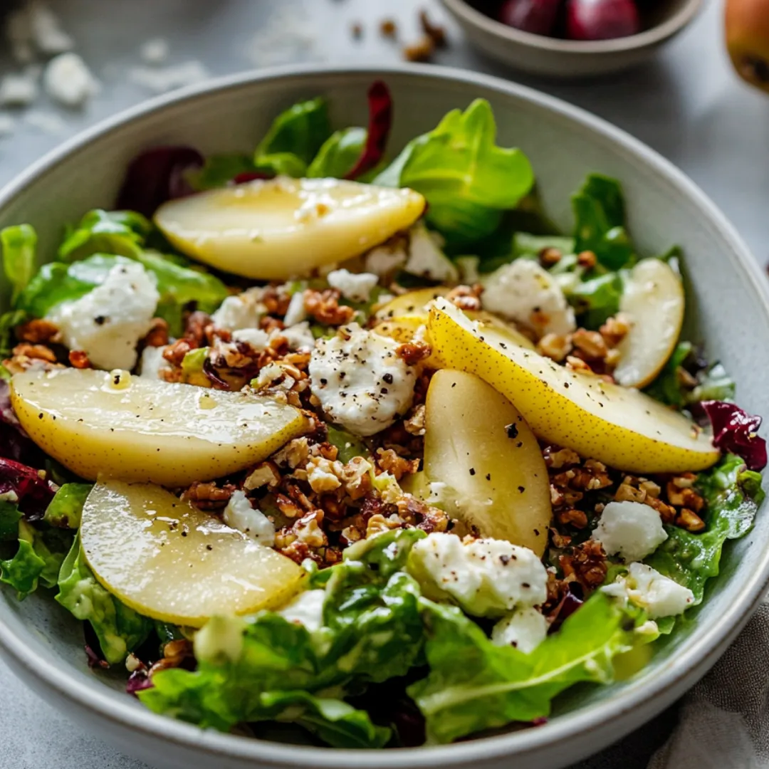 Schüssel mit gemischtem Salat, Feta-Stückchen und Birnenscheiben.