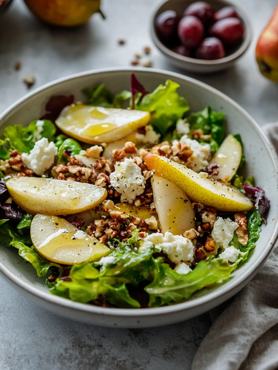 Eine Schüssel Salat mit Äpfeln, Walnüssen und Käse.