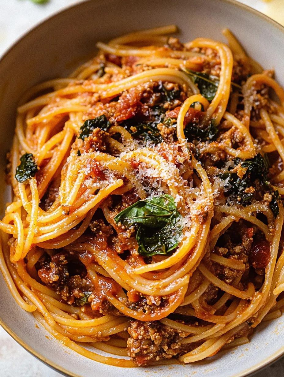 Eine Schüssel Spaghetti mit Hackfleischsoße und Käse.