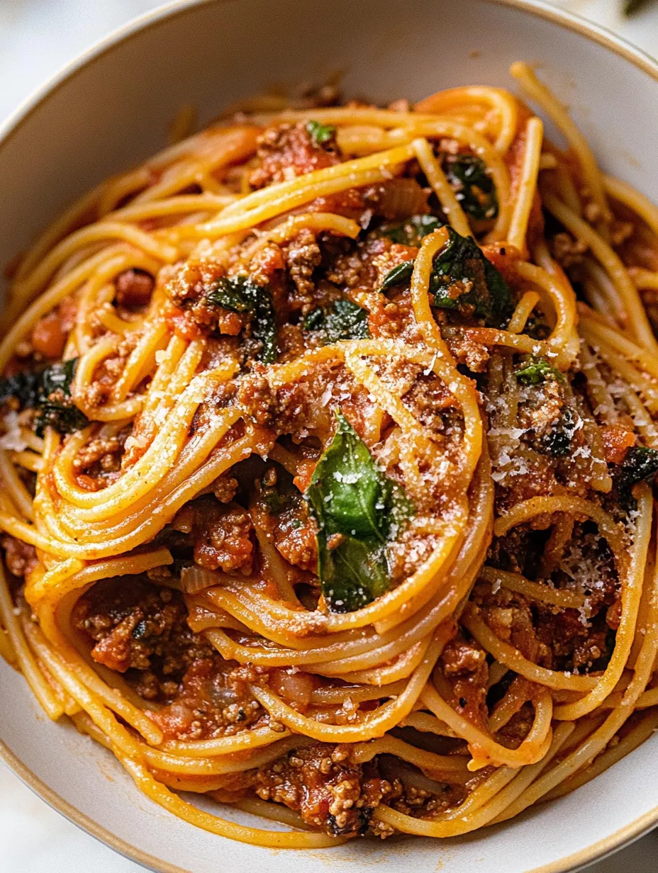 Eine Schüssel Spaghetti mit Hackfleischsoße.