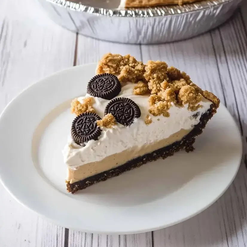 Ein Stück Kuchen mit Schokoladen- und Keksstücken darauf.