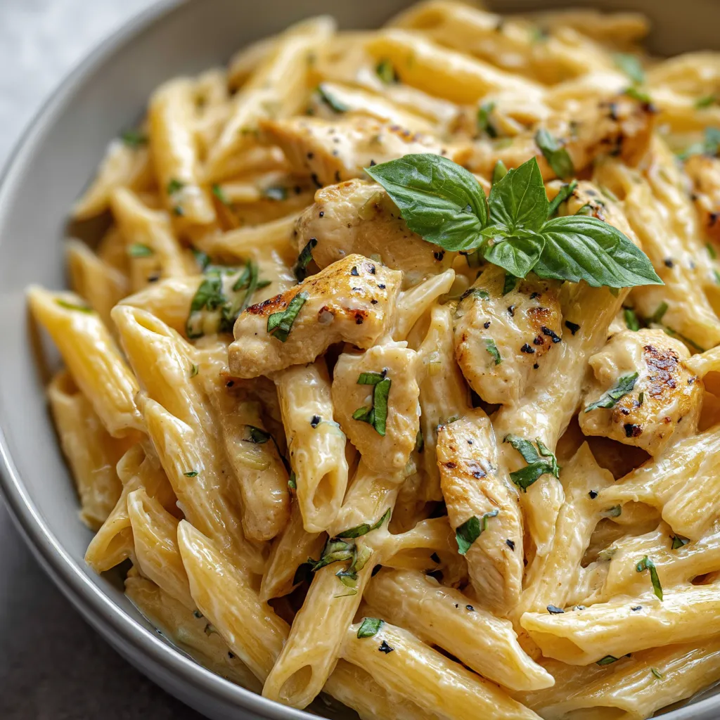 Eine Schüssel Pasta mit Hähnchen und Kräutern.