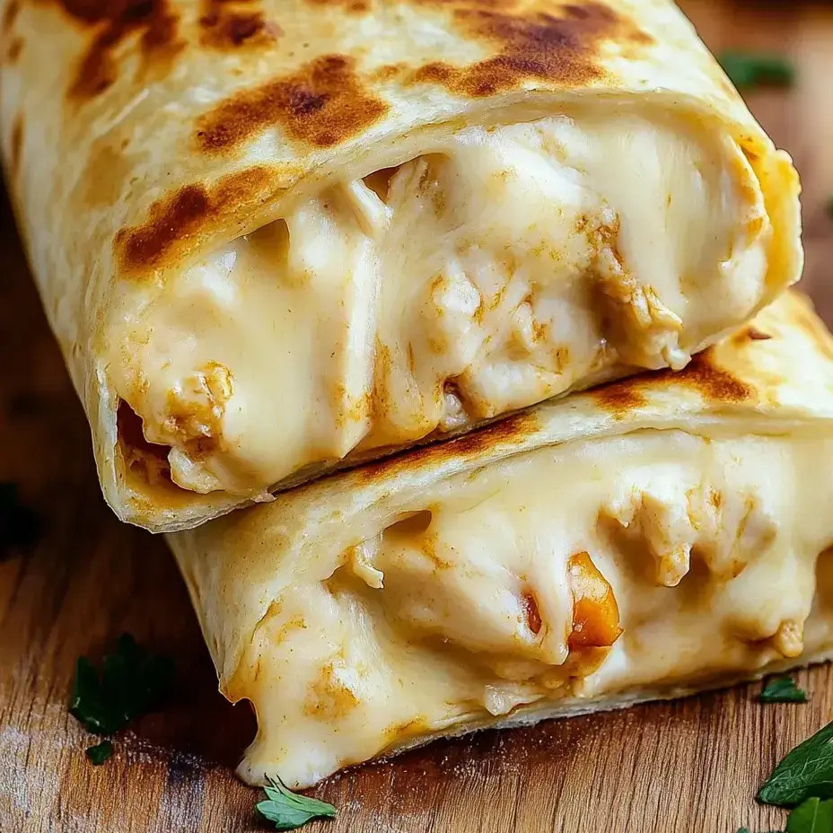 Zwei Hähnchenstücke in Tortilla gewickelt.