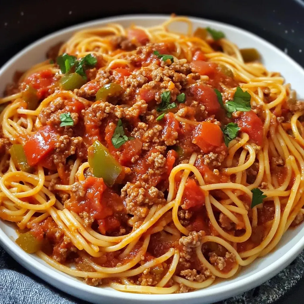 Ein Teller mit Pasta und Fleischsoße.