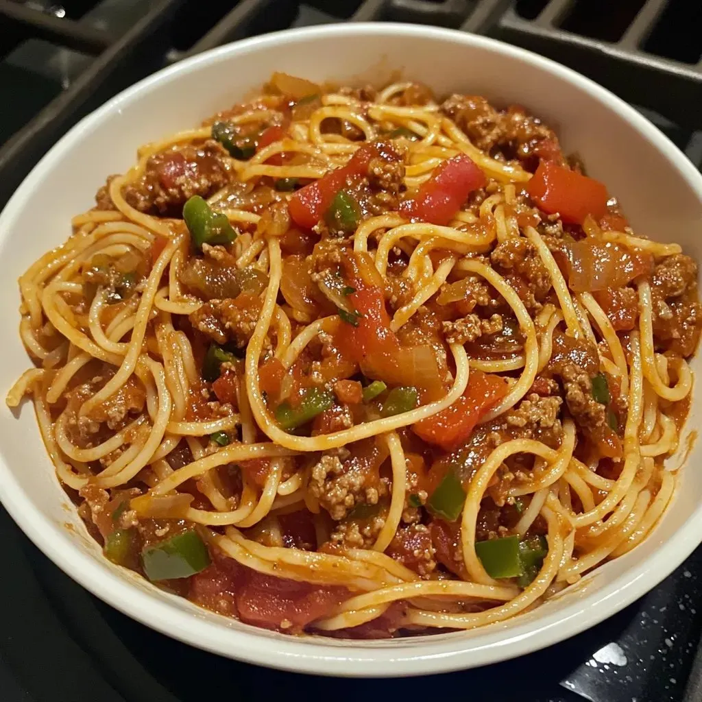 Eine leckere Schüssel Spaghetti mit Hackfleischsoße.