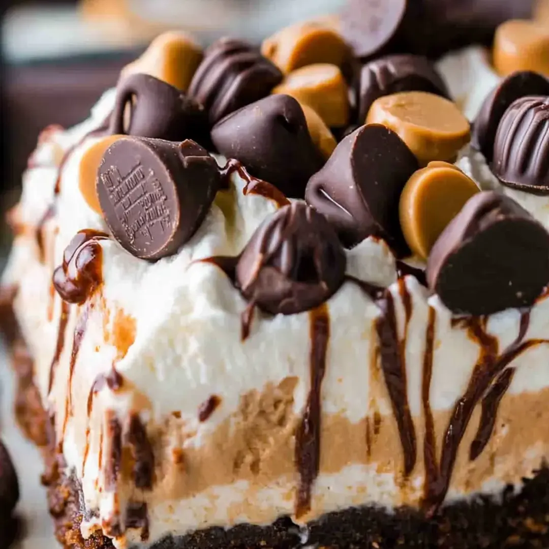 Ein Dessertstück mit Schokolade und Erdnussbuttertoppings.