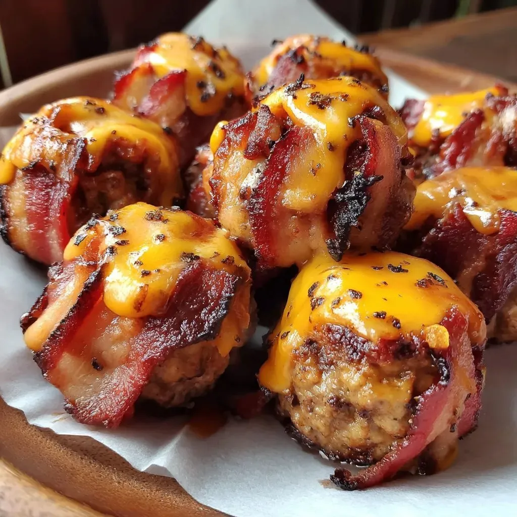 Speck umhüllte Hackbällchen mit Käse.