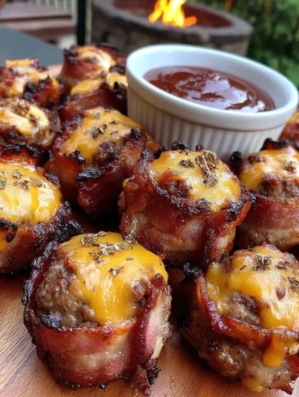 Mit Speck umwickelte Häppchen mit einer Dip-Sauce.