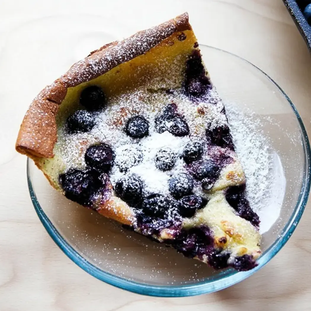 Ein Stück Blaubeerkuchen auf einem Teller.