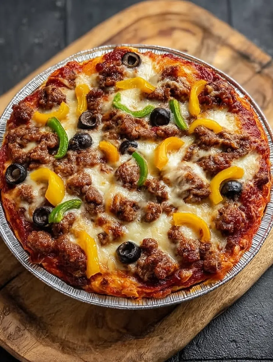 Eine Pizza-Schale mit Fleisch und Gemüse.