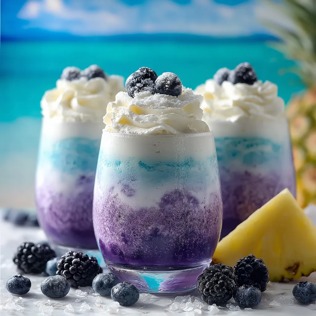 Zwei Gläser mit blau-weißen Drinks und Blaubeeren an der Seite.