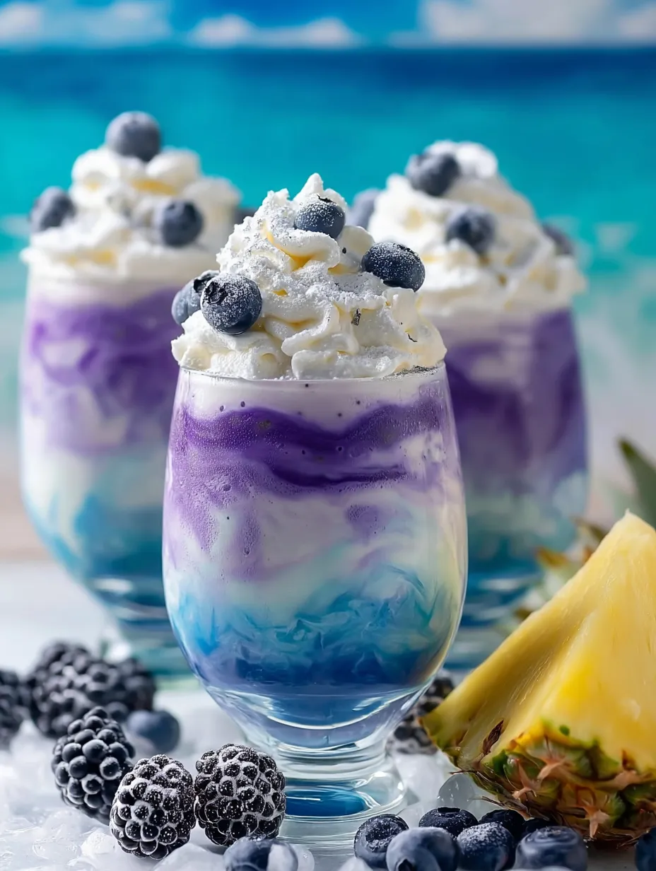 Zwei Gläser mit Heidelbeer-Joghurt und Ananas daneben.
