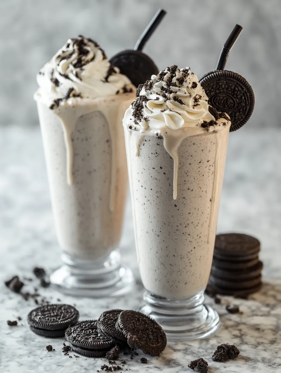 Zwei Gläser Milchshakes mit Keksen daneben.