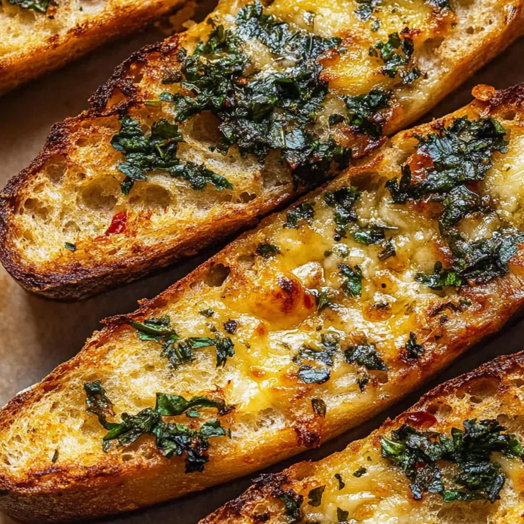Brot mit Kräutern und geschmolzenem Käse überbacken.