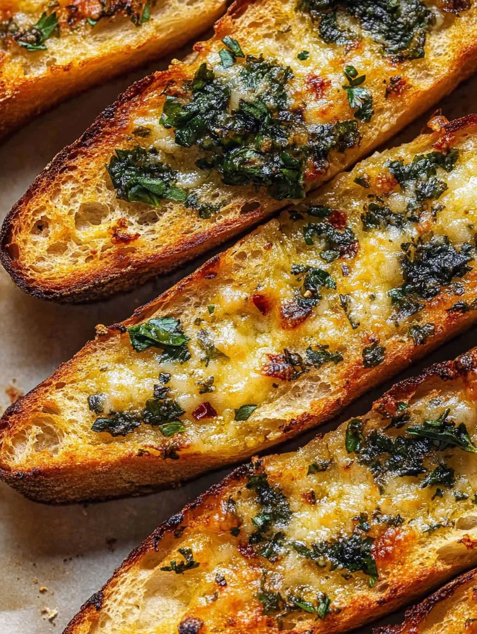 Drei Brotscheiben mit geschmolzenem Käse und frischen Kräutern.