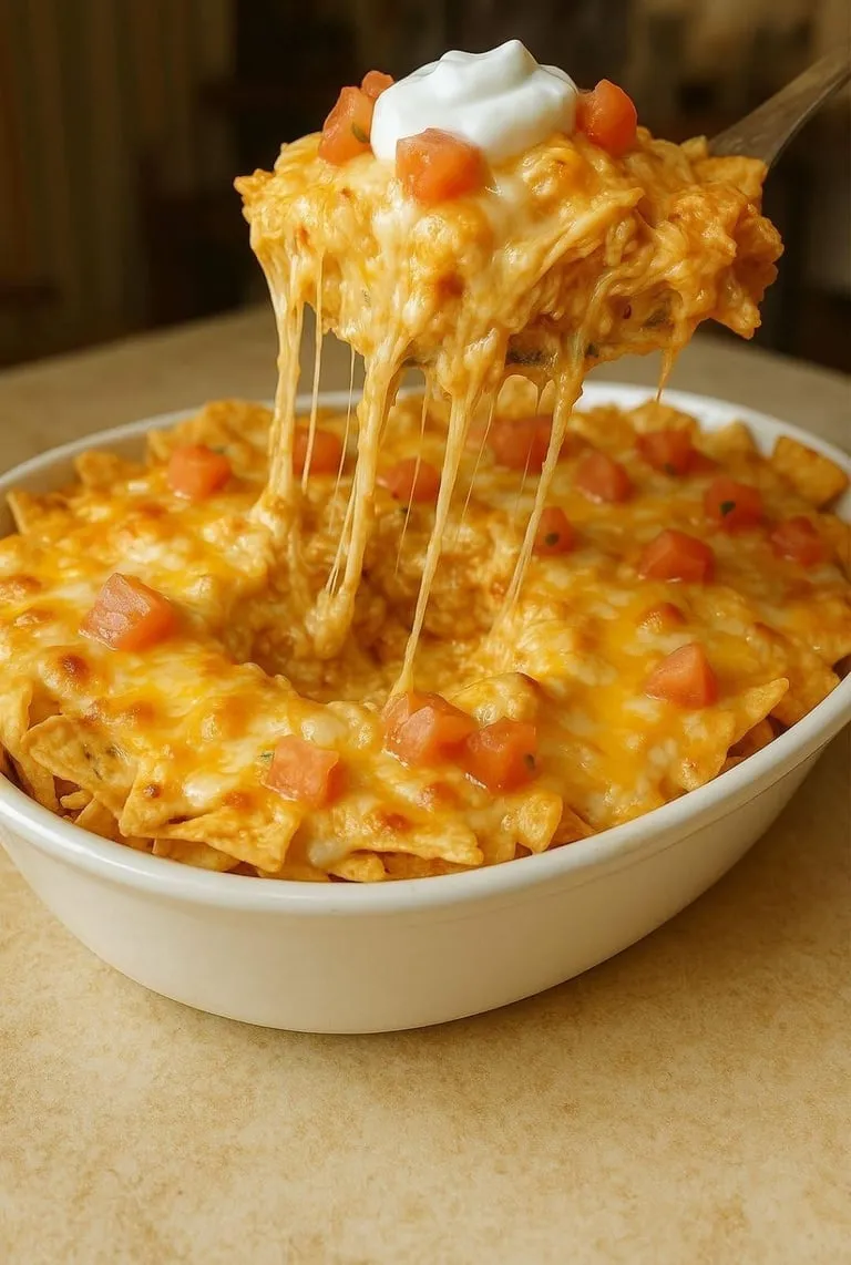 Eine Schüssel Nachos mit Käse und Tomaten.