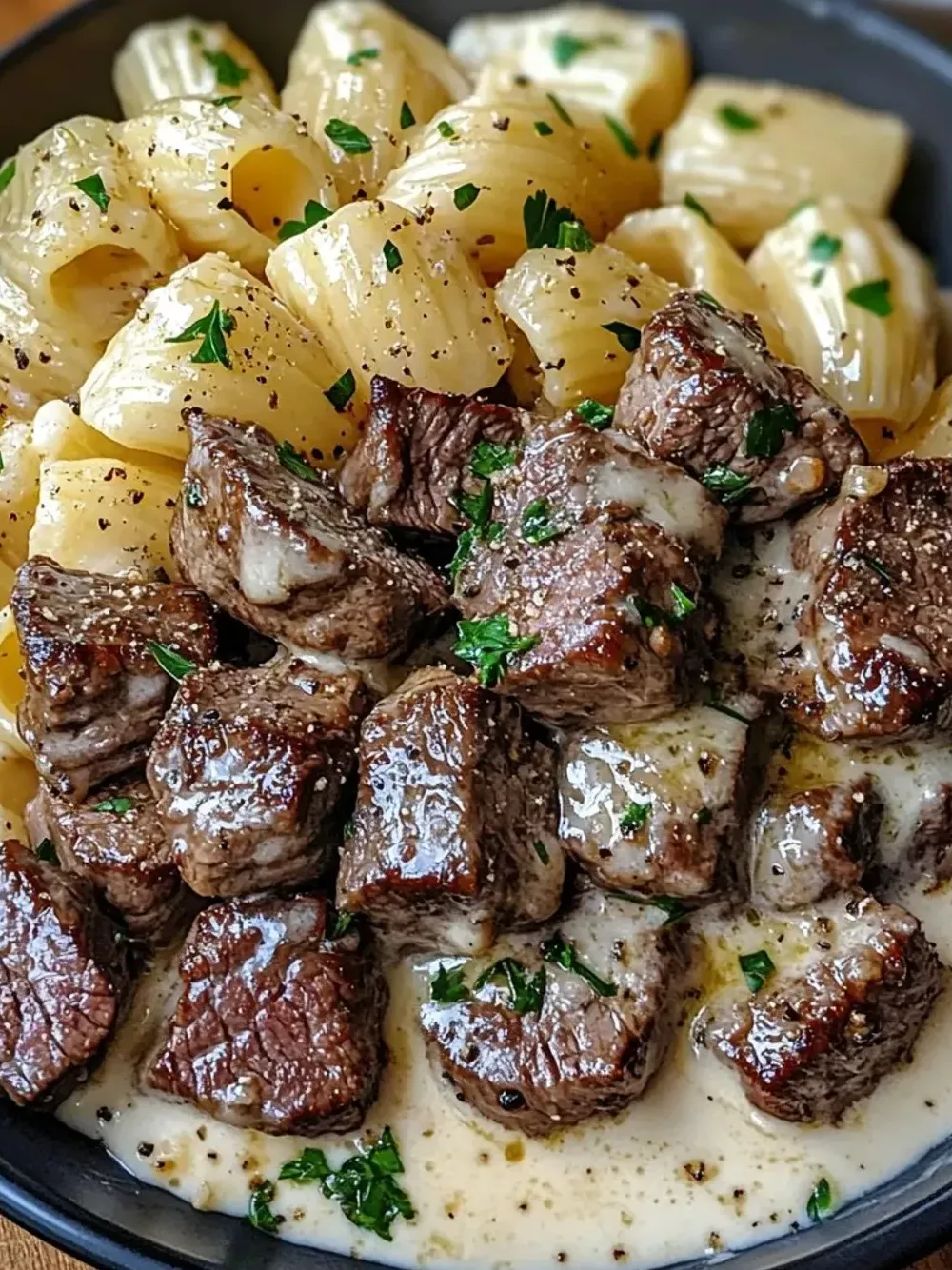 Ein Teller Nudeln mit Fleisch darauf.