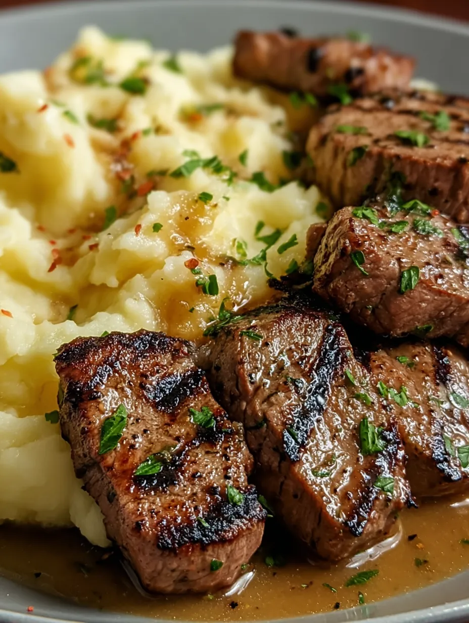 Ein Teller mit Fleisch und Kartoffeln.