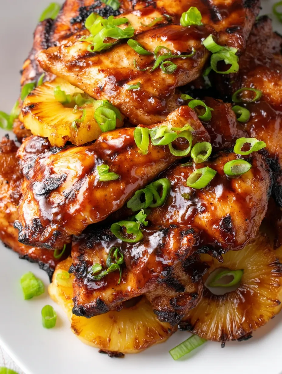 Ein Teller mit gegrilltem Hähnchen und Ananas.