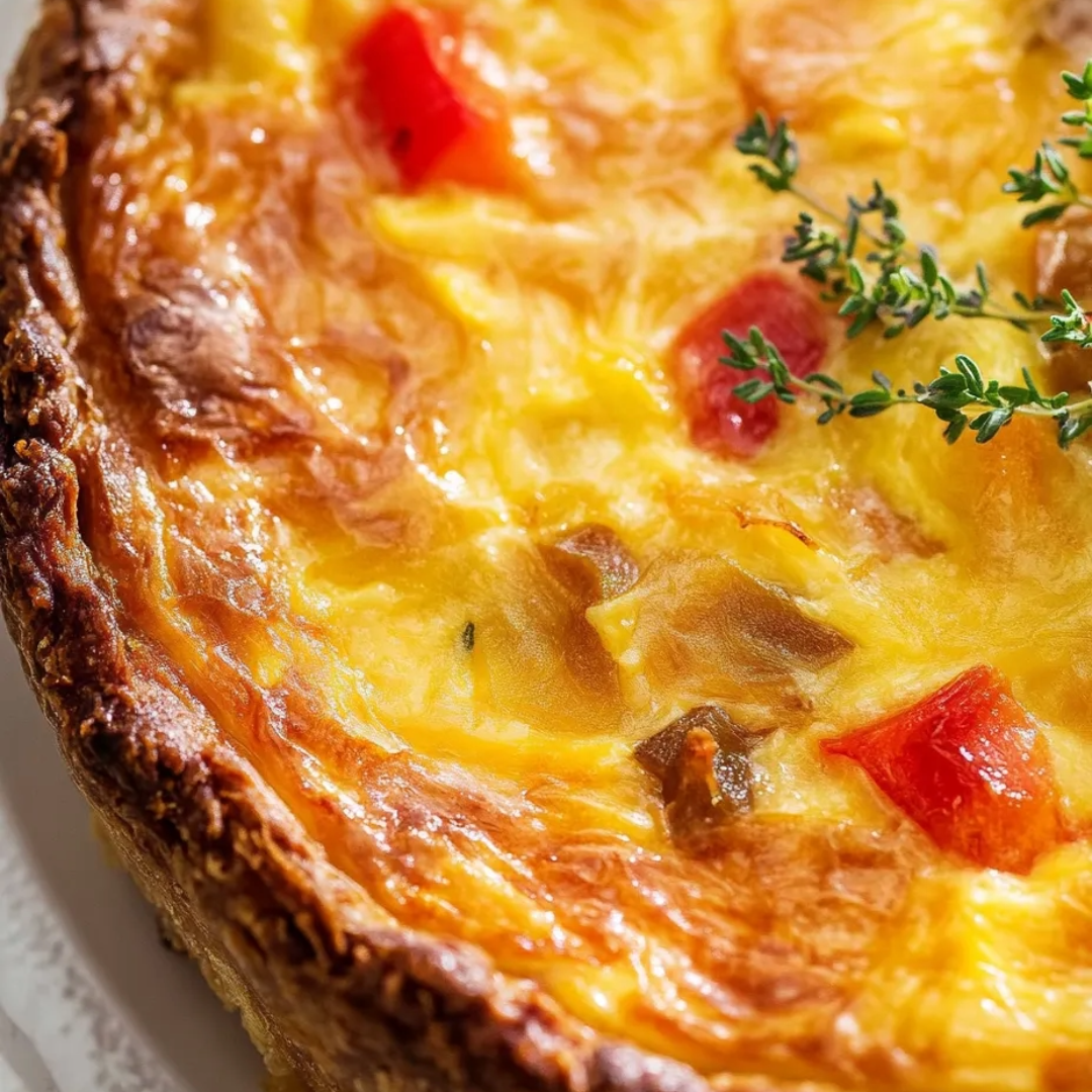 Ein Quiche mit Tomaten und Kräutern aus der Nähe.