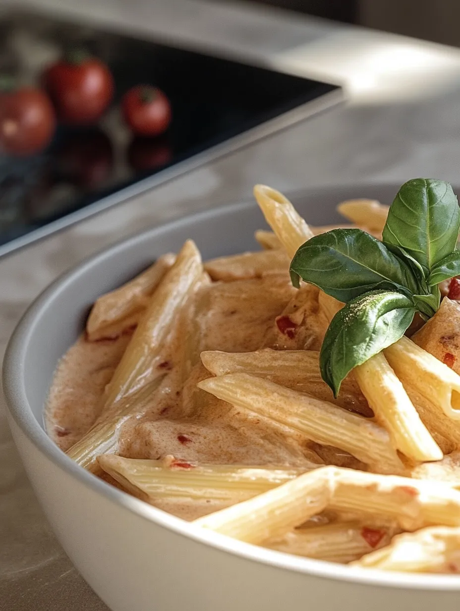 Eine Schüssel Pasta mit einem grünen Blatt obendrauf.