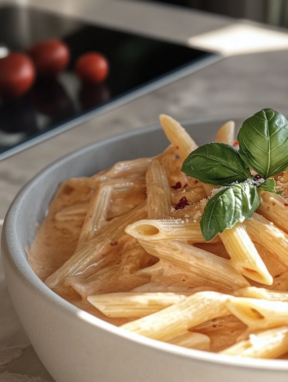 Eine Schüssel Pasta mit einem grünen Blatt obendrauf.