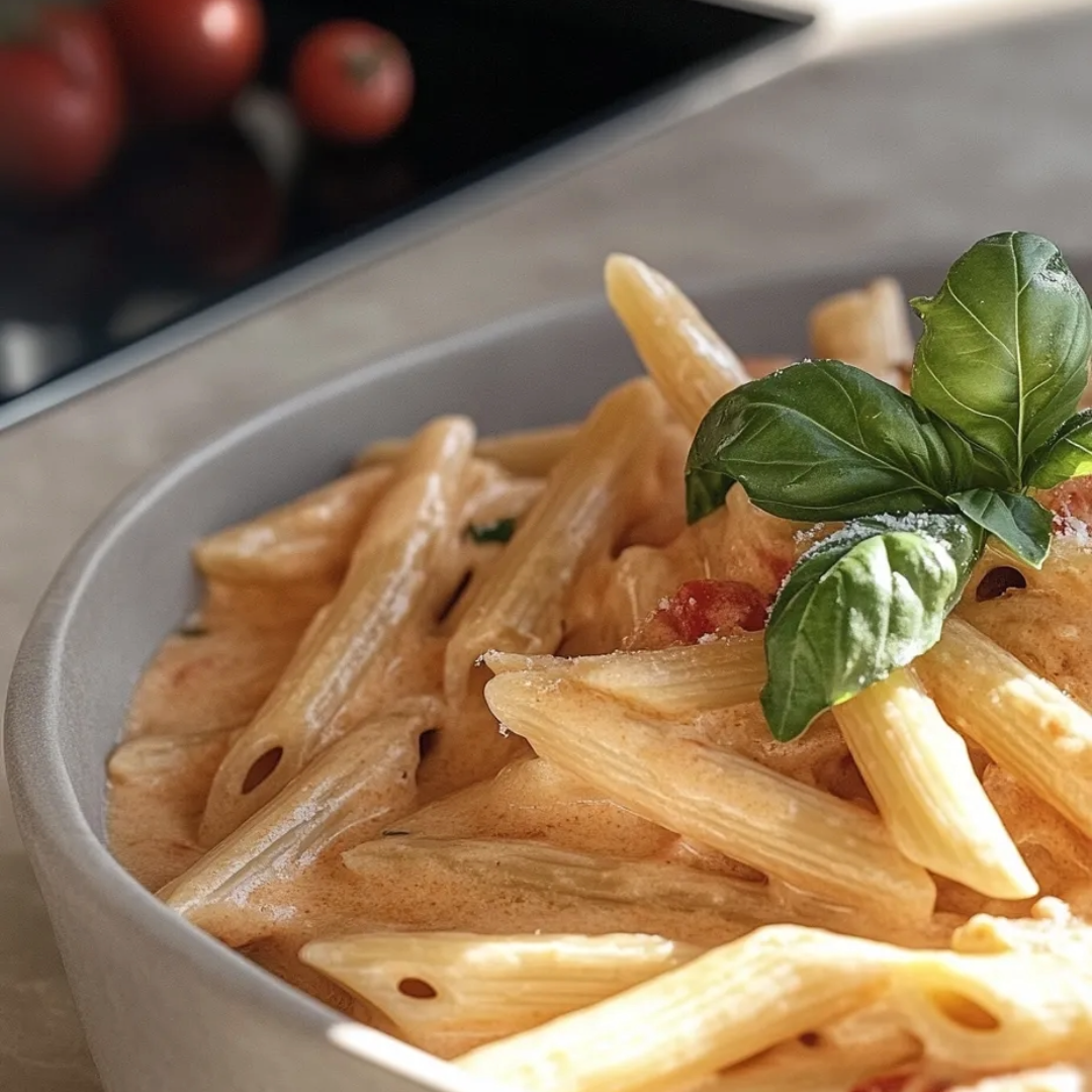 Eine Schüssel Nudeln mit Tomaten und Basilikum.