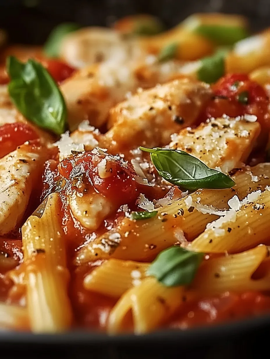 Ein Teller mit Nudeln, Hähnchen und Tomaten.