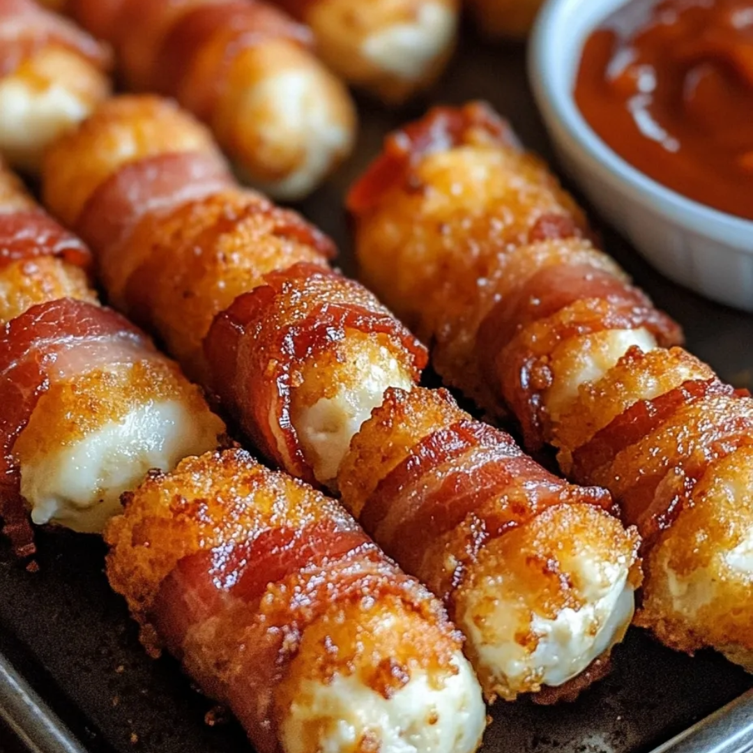 Ein Tablett mit bacon-umwickelten Käse-Sticks.