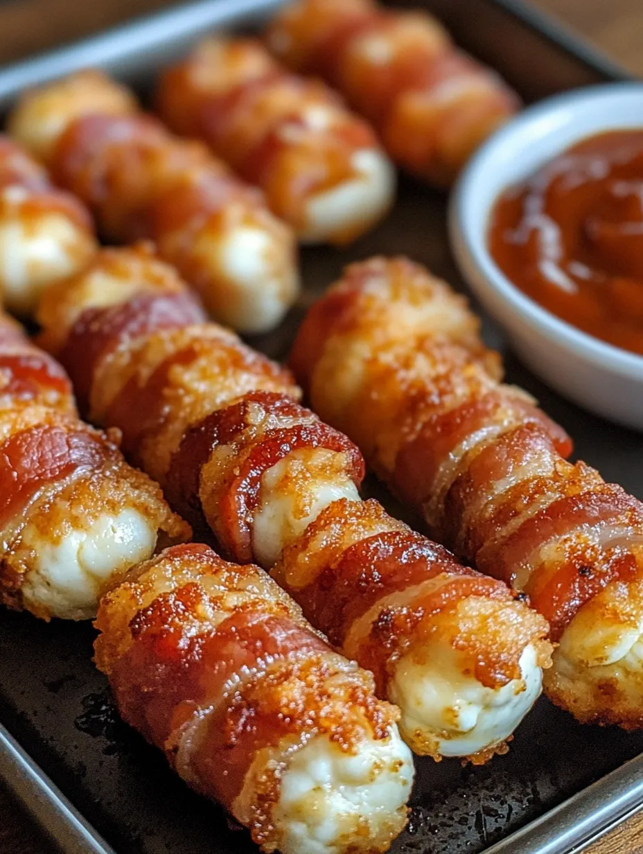 Mit Speck umwickelte Käsestäbchen mit Dipsoße.