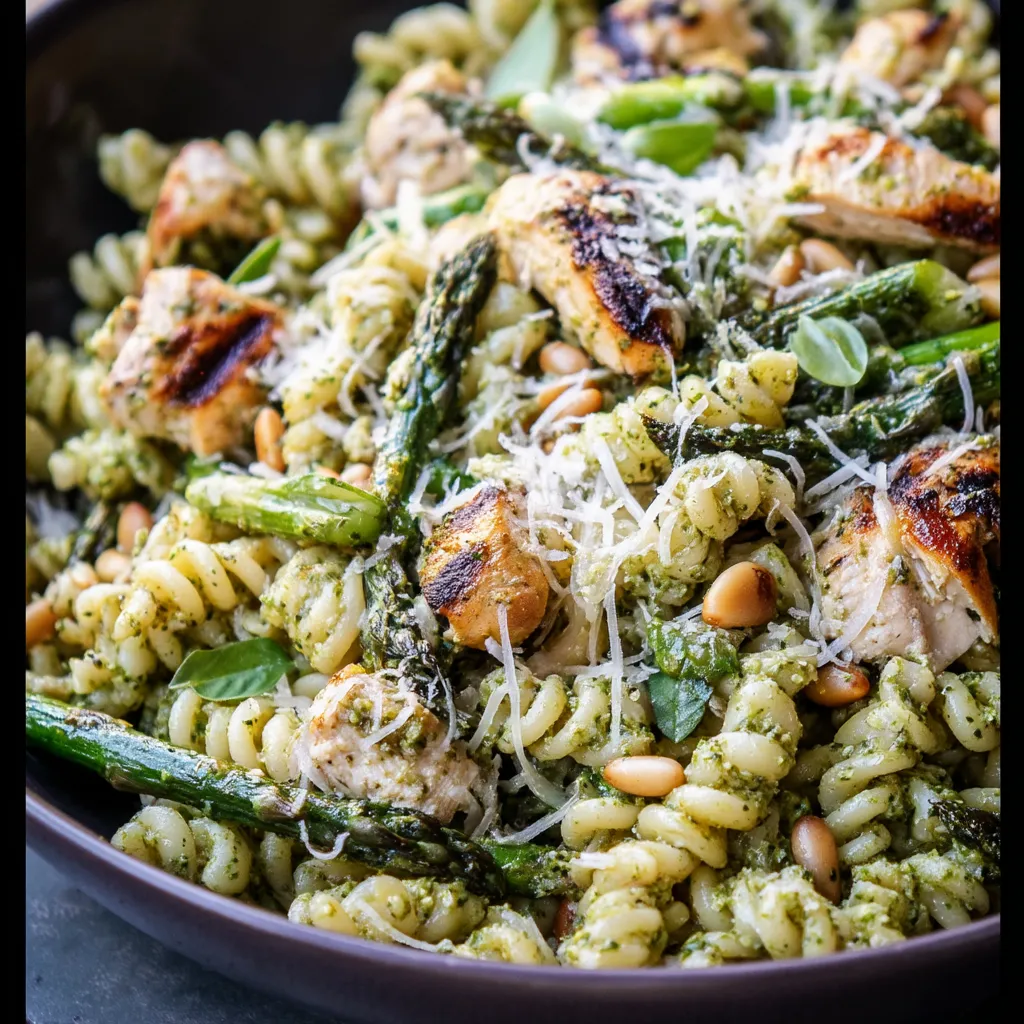 Eine Schüssel Pasta mit Hühnchen und Gemüse.