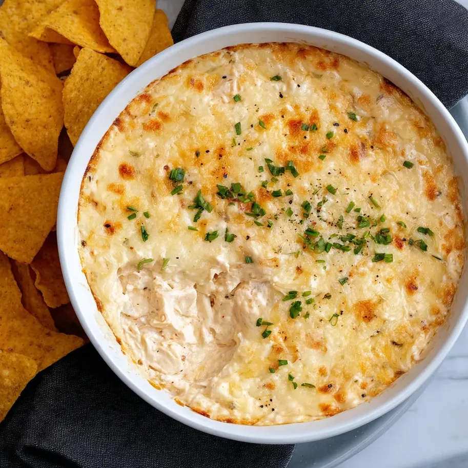 Eine Schüssel mit Käse-Dip und Chips.
