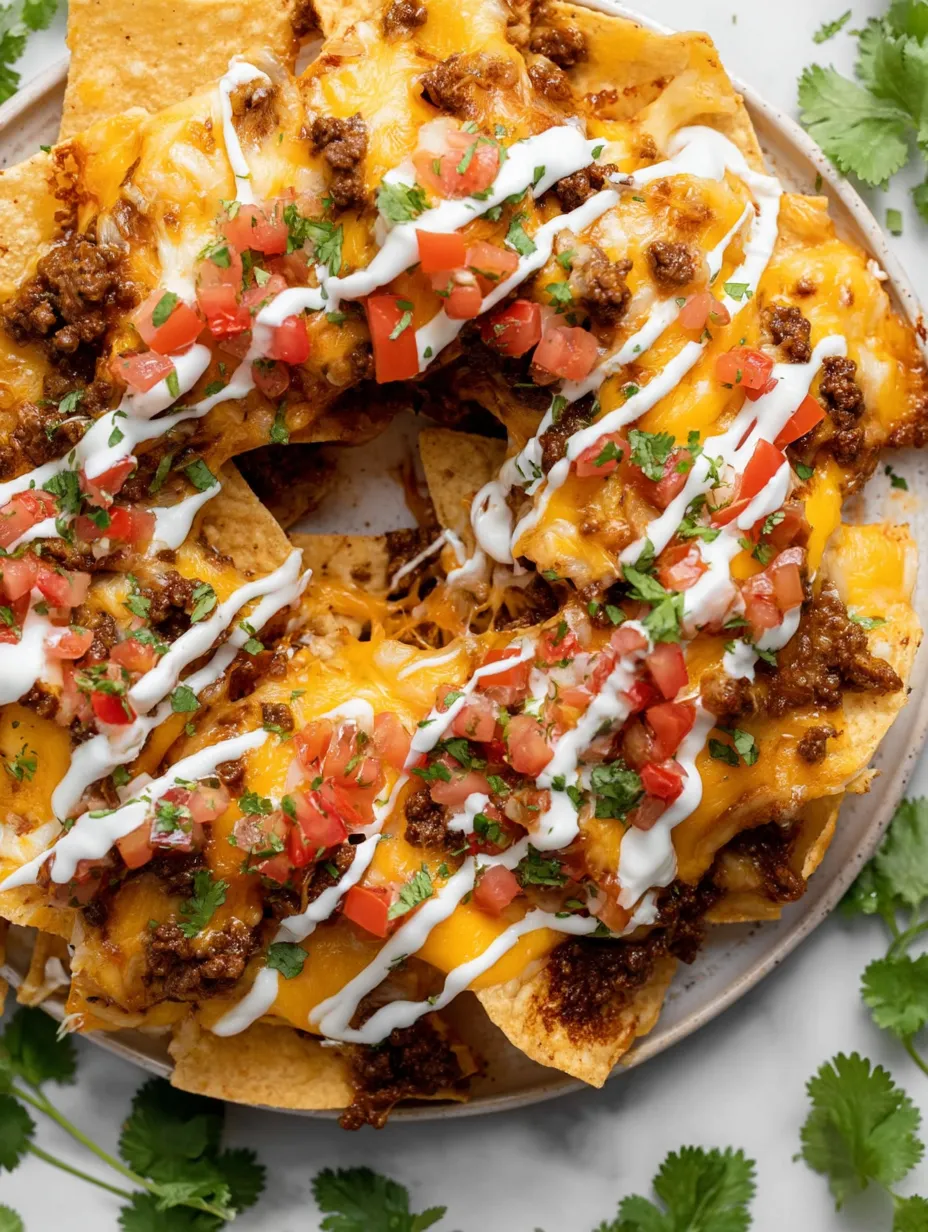 Ein Teller Nachos mit Käse und Tomaten.