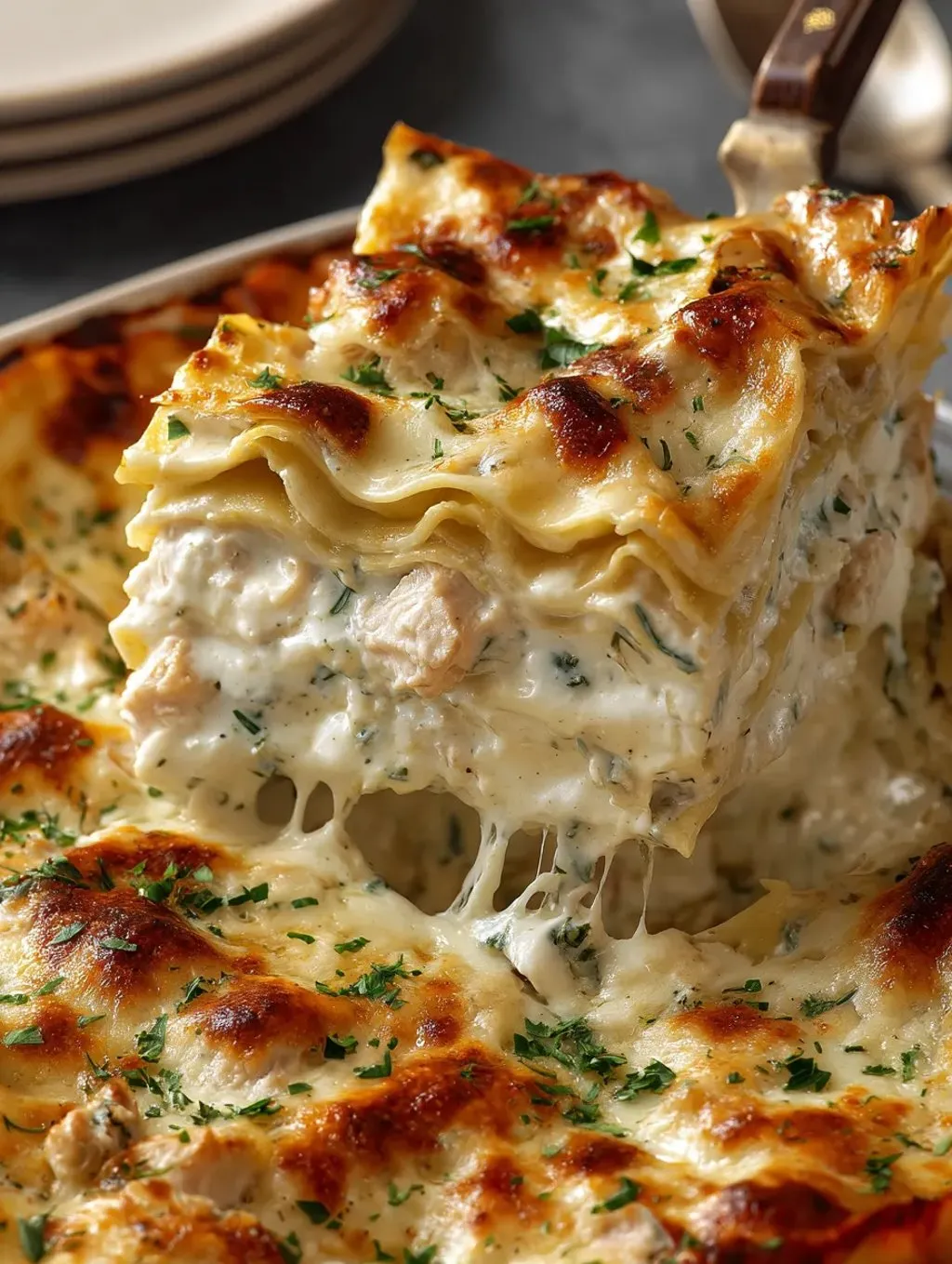 Ein Stück Lasagne mit Käse und Kräutern.