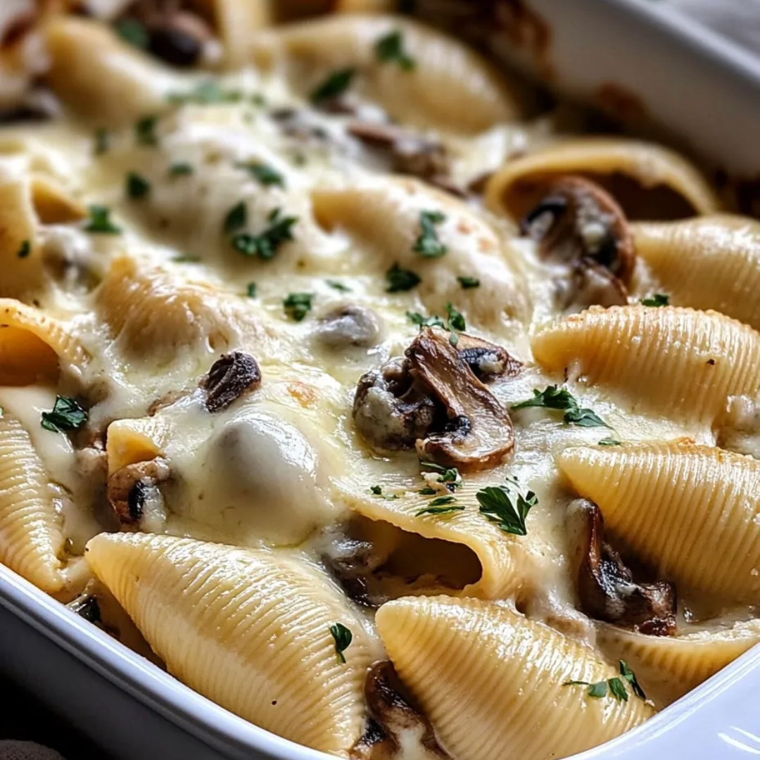 Eine Schüssel Pasta mit Pilzen und Käse.
