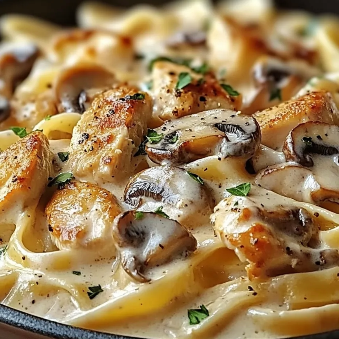 Eine Schüssel Pasta mit Hühnchen und Pilzen.