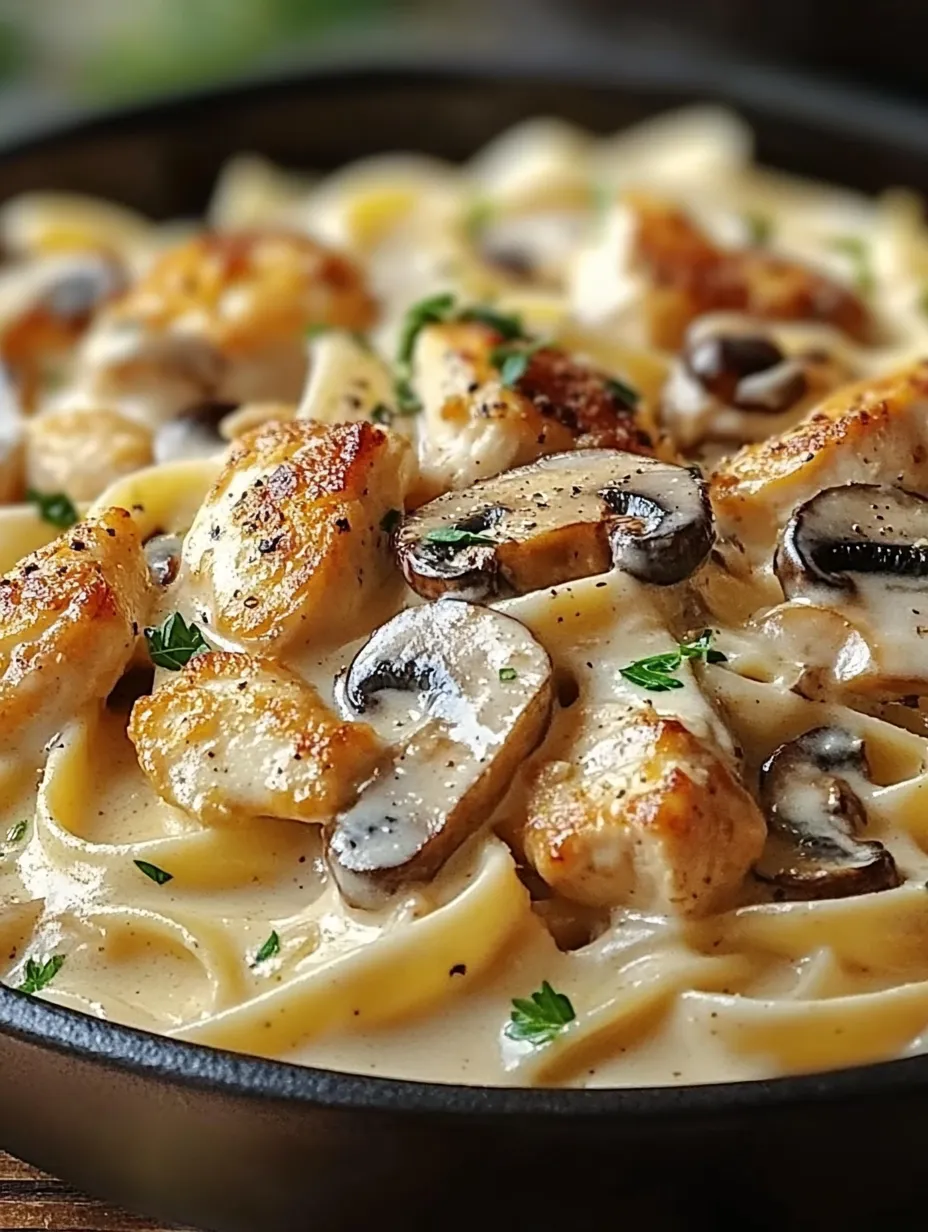 Eine Schüssel Pasta mit Hähnchen und Pilzen.