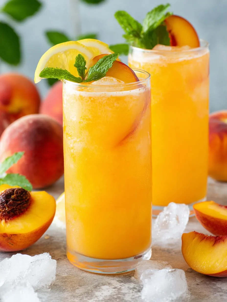 Zwei Gläser mit Pfirsichsaft, im Hintergrund ein Pfirsich.