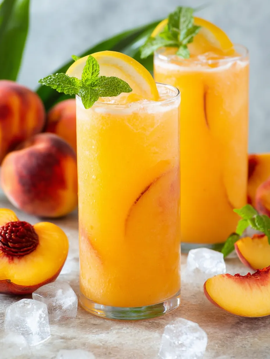 Ein Glas Orangensaft mit Zitronenschnitz drin.