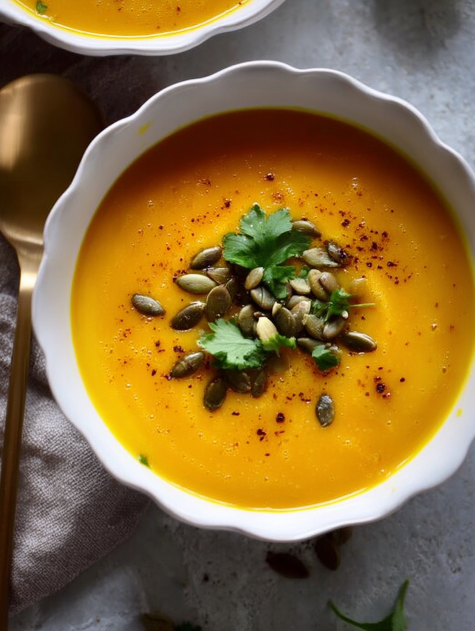 Eine Schale Suppe mit Löffel darin.