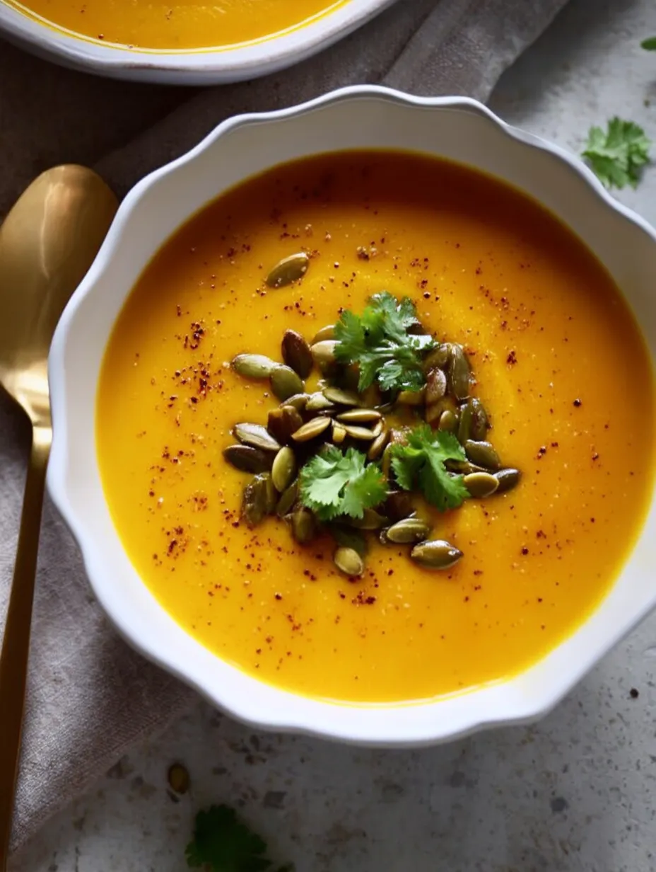 Eine Schale Suppe mit Löffel darin.