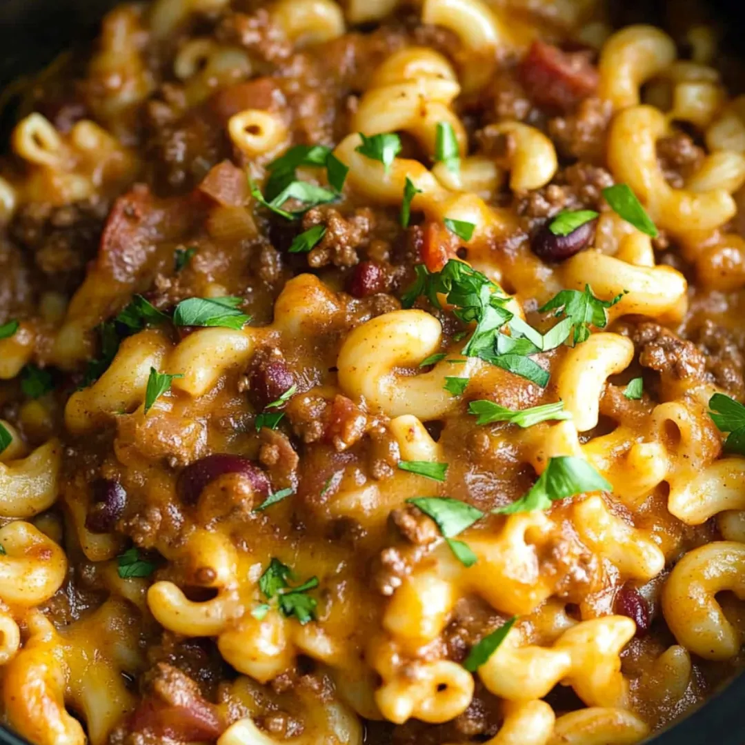 Schüssel mit würzigem Chili, Nudeln und Käse.