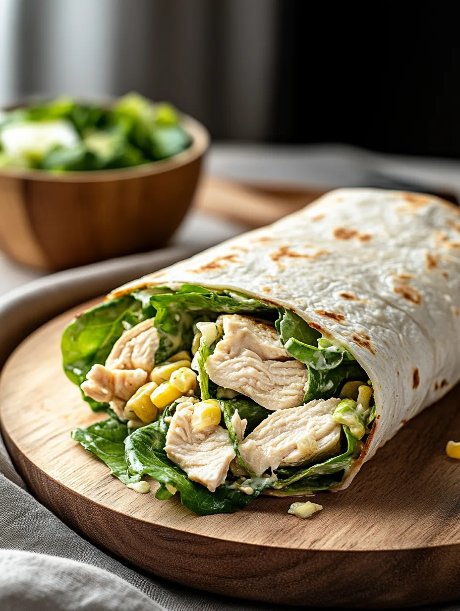 Ein Wrap mit Hähnchen, Salat und Mais.